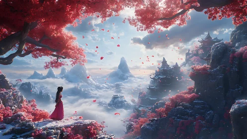 Crimson sakura peaks surround a lone figure above clouds.