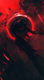 Abstract crimson vortex envelops silhouetted figure in motion