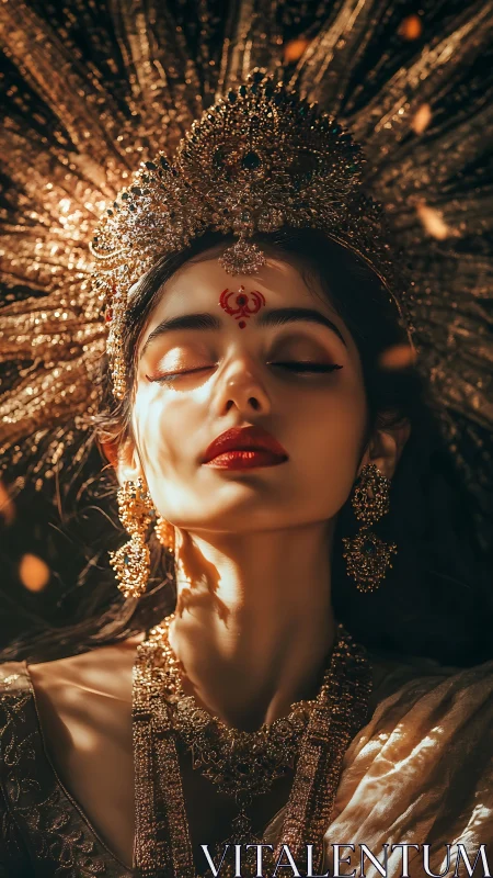 Radiant goddess portrait in golden light and ornate jewels.