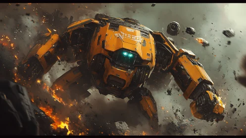 Heavily armored yellow combat mech impacts battlefield amidst debris
