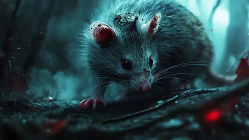 Injured forest mouse rendered in cinematic low-key lighting