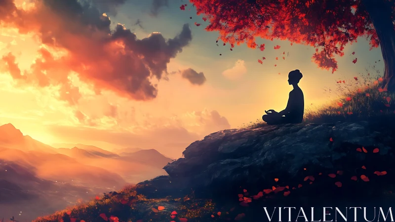 Person meditating on cliff edge under vivid sunset sky.
