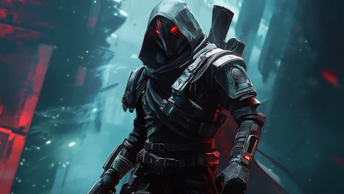 Shrouded cyber assassin with glowing red visor stands poised.