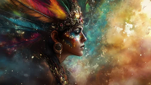 Profile view of feathered headdress portrait in color field.