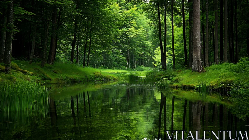 Serene forest stream flows through lush woodland canopy.