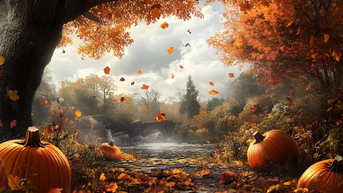 Golden autumn river scene with pumpkins and falling leaves.