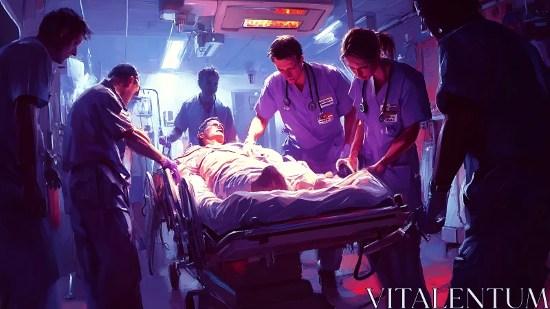 Emergency team rushes patient through neon-lit hospital night
