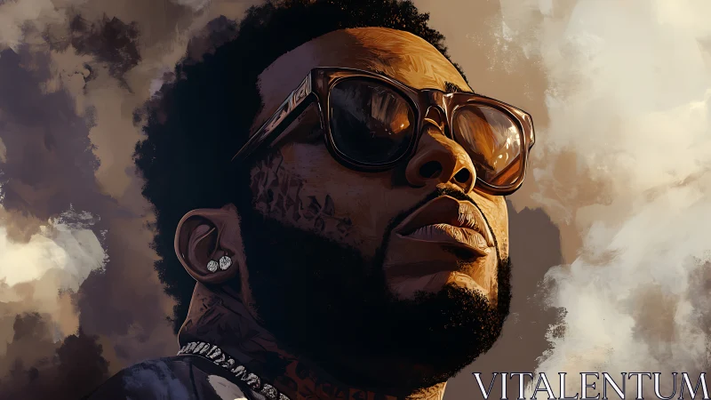 Sunlit urban portrait with reflective sunglasses and clouds.