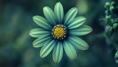 Pale green daisy with yellow center detail.