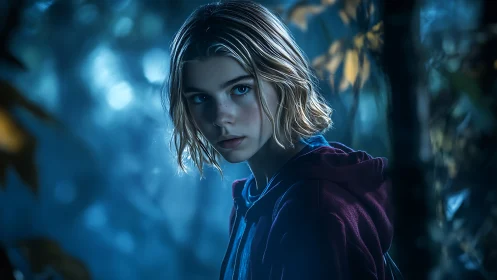 Moody blue hour forest portrait with shallow depth of field