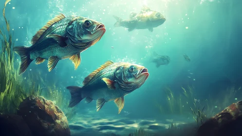 Shimmering fish glide through a sunlit underwater world.
