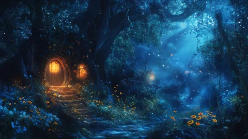 Enchanted forest dwelling glows amid bioluminescent night flora