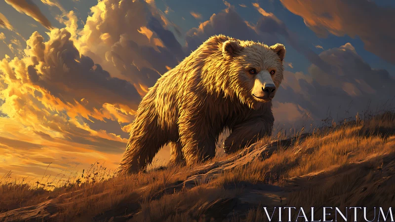 Golden-hour grizzly ascends hillside under dramatic clouds