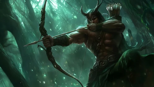 Forest archer poised in emerald light, ready to protect.