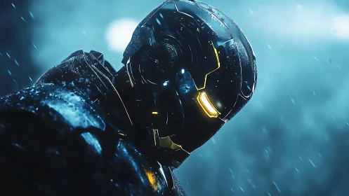 Rain-soaked armored exosuit with illuminated optical visor matrix.