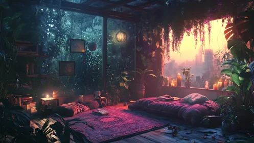 Lush glasshouse bedroom glows with twilight candles and vines.