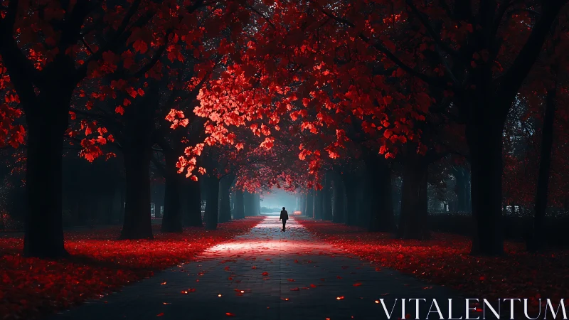 Crimson canopy walkway with lone figure in autumn mist.