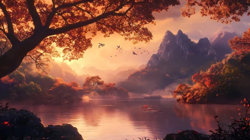 Volumetric sunset over alpine lake in autumnal diffusion.