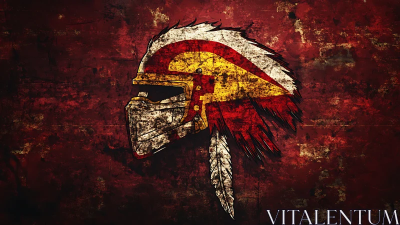 Warrior helmet emblem with distressed tribal feather crest.