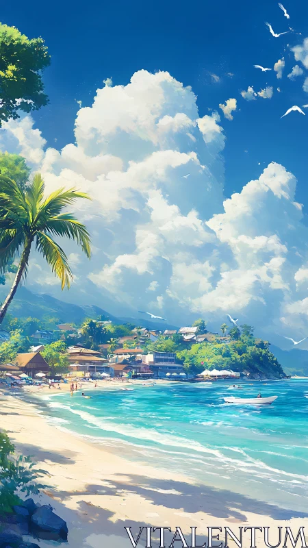 Coastal settlement landscape with cumulus clouds and turquoise waters.