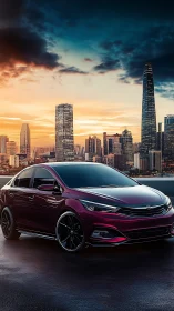 Crimson sports sedan poised before luminous city skyline.