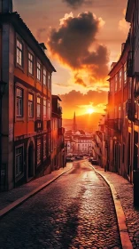 Sunlit cobblestone street channels low-angle sunset through dense façades