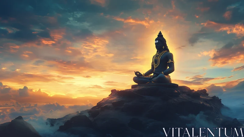Meditative deity statue over glowing cloudscape at dusk.