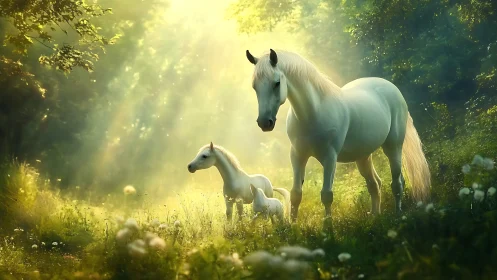 Gentle white horses share a golden forest morning together