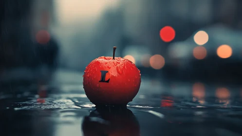 Rain-soaked red apple glows on moody neon street pavement.