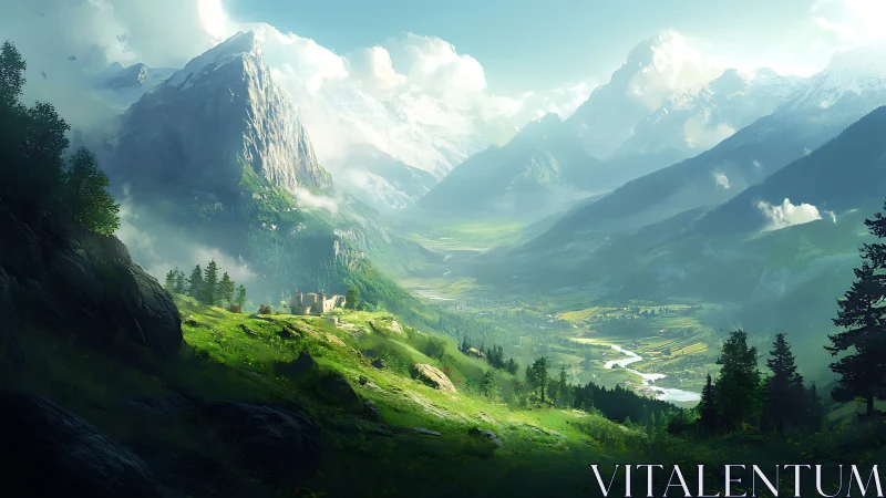 Mountain valley landscape shows castle ruins on sunlit ridge