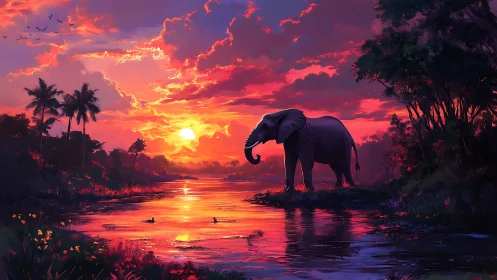 Elephant stands beside river under dense red sunset sky