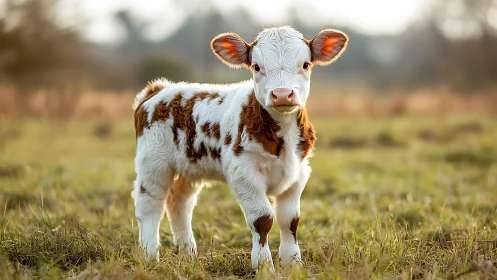 Sunlit calf stands proudly in a dew-bright meadow stage