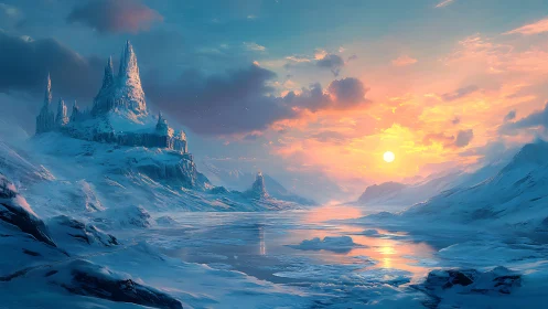 Frozen castle overlooks reflective ice under vivid sunset