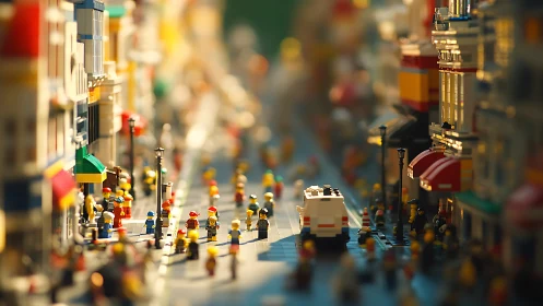 Lego city street scene under warm sunset light.