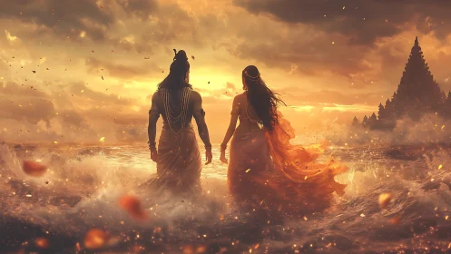 Mythic couple facing ocean waves at sunset shore.