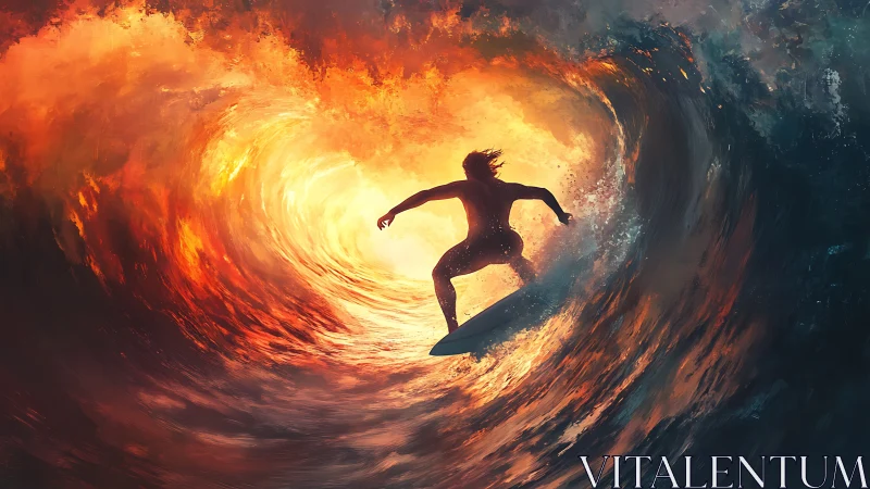 Surfer rides a blazing sunset vortex of water and fire.