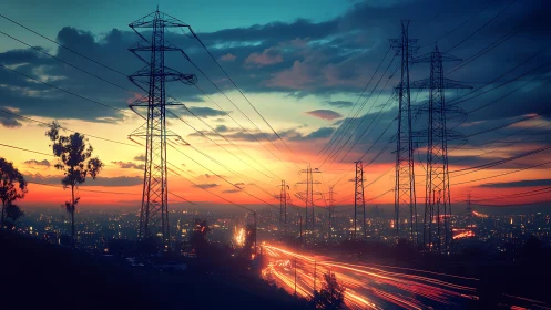 Digital painting of powerlines over neon city at dusk panorama.