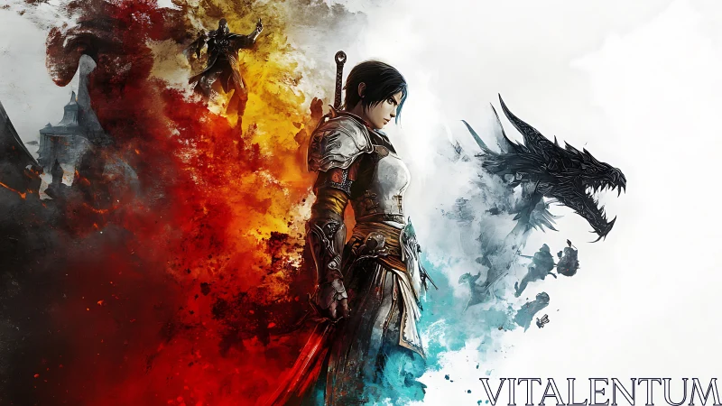 Armored female warrior divides fiery battle and spectral dragon