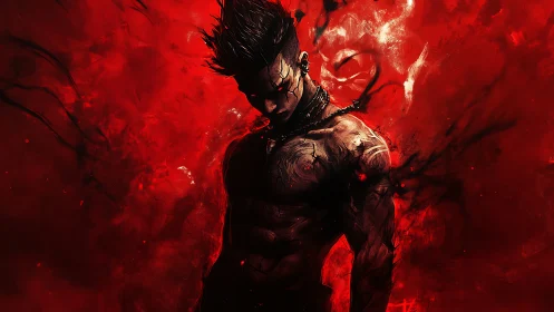 Dark muscular warrior in red inferno with demonic aura.
