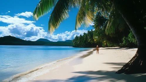 Tropical Paradise Beach with Palm Fronds and Mountain Vista.