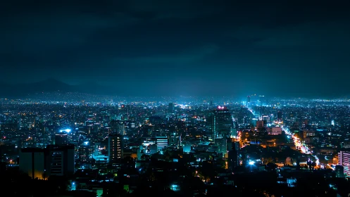 Neon-lit skyline stretching under moody midnight clouds.