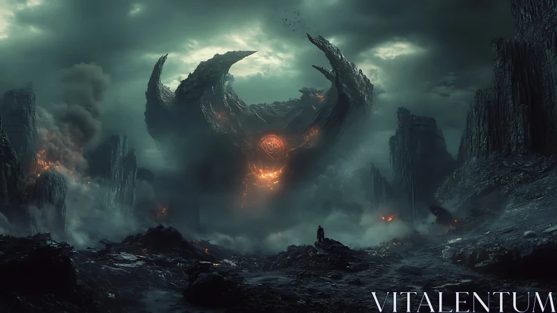 Colossal demon rises in a stormlit, volcanic wasteland