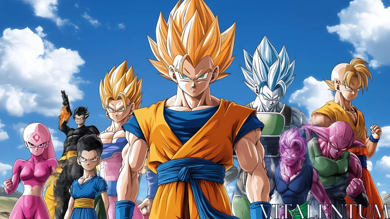 Super Saiyan warrior lineup under vibrant blue sky