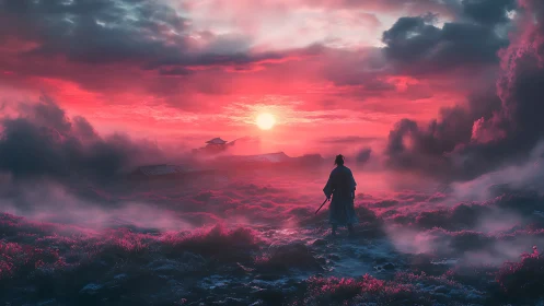 Samurai silhouette in neon red mist at surreal sunrise.