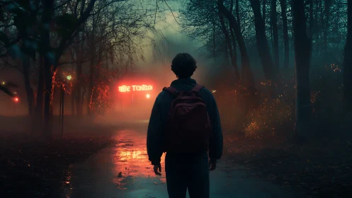 Teen with backpack on misty forest path at neon sign.