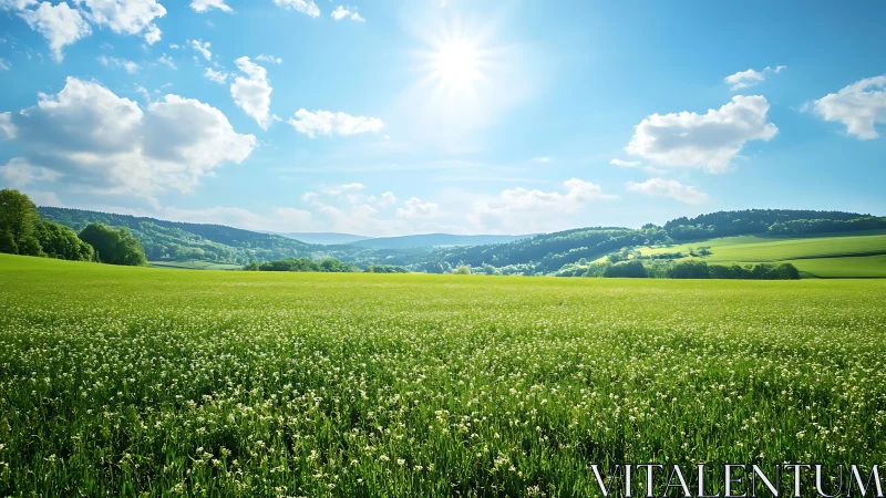Sunlit green meadow extends toward distant forest hills