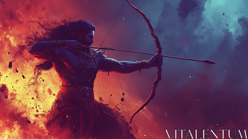 Mythic archer draws flaming bow amid storm and fire.