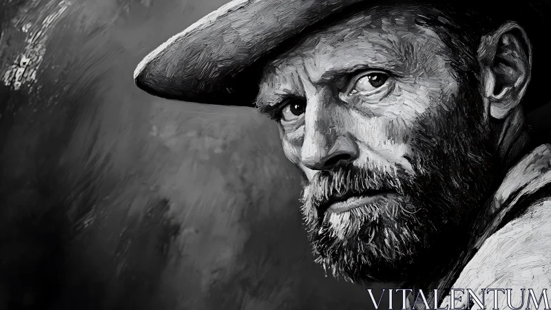 Weathered cowboy portrait in dramatic monochrome oil texture.