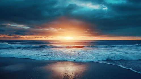 Sunrise light cuts through storm clouds over reflective shore