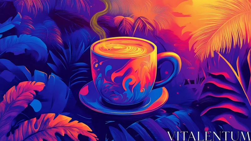 Glowing jungle coffee cup wrapped in dreamy neon color.